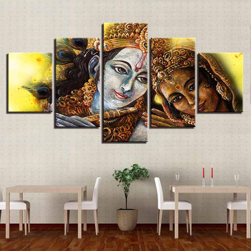 5 Panels Lord Krishna Figure Canvas Painting Nordic Abstract Posters and Prints Wall Picture for Living Room Home Decor No Frame