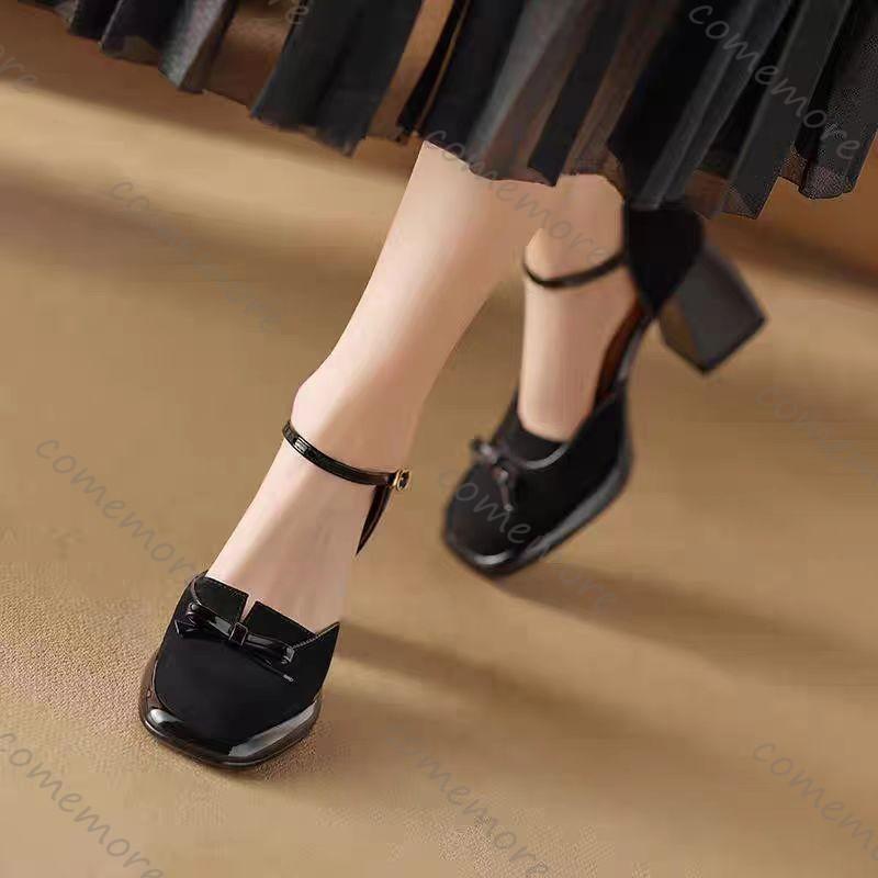 Fashion Comemore Women Shoes Square Toe Shallow Mouth Pumps for Women Retro Style High Heel Ladies Dress Fashion Suede Mary Jane Shoes