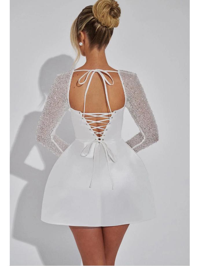 Elegant Solid Color A-Line Dress with Square Neck & Lace Patchwork - Winter 2024 Collection