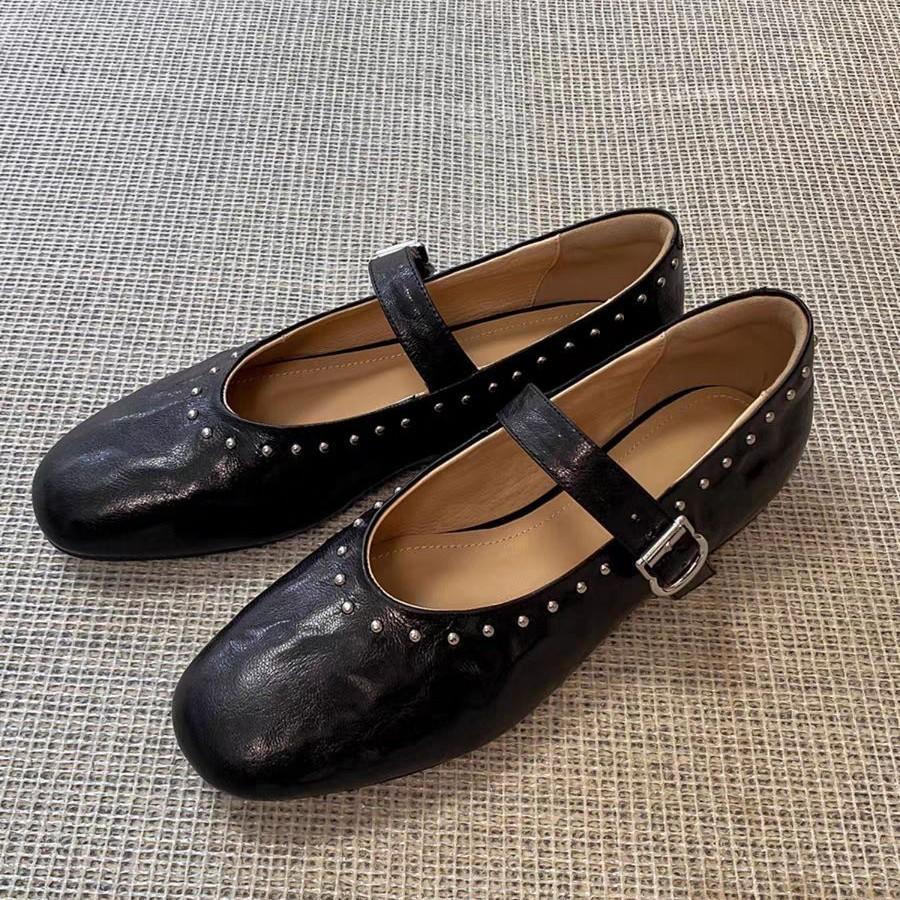 Fashion Retro Rivet Buckle Strap Flats Mary Janes Woman Solid Leather Ballets Shoes Ladies Spring Slip On Loafers Femme Studs Mocasines