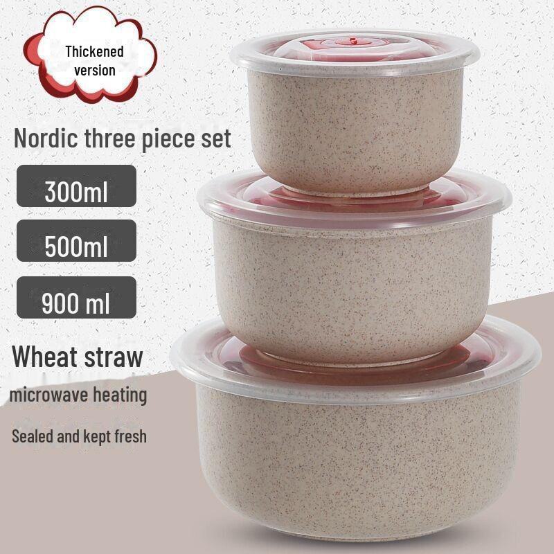 Eco-Friendly Wheat Straw Bowl Set: 3-Piece Food Storage with Lids, Microwave Safe for Reheating, Perfect for Fridge Use.