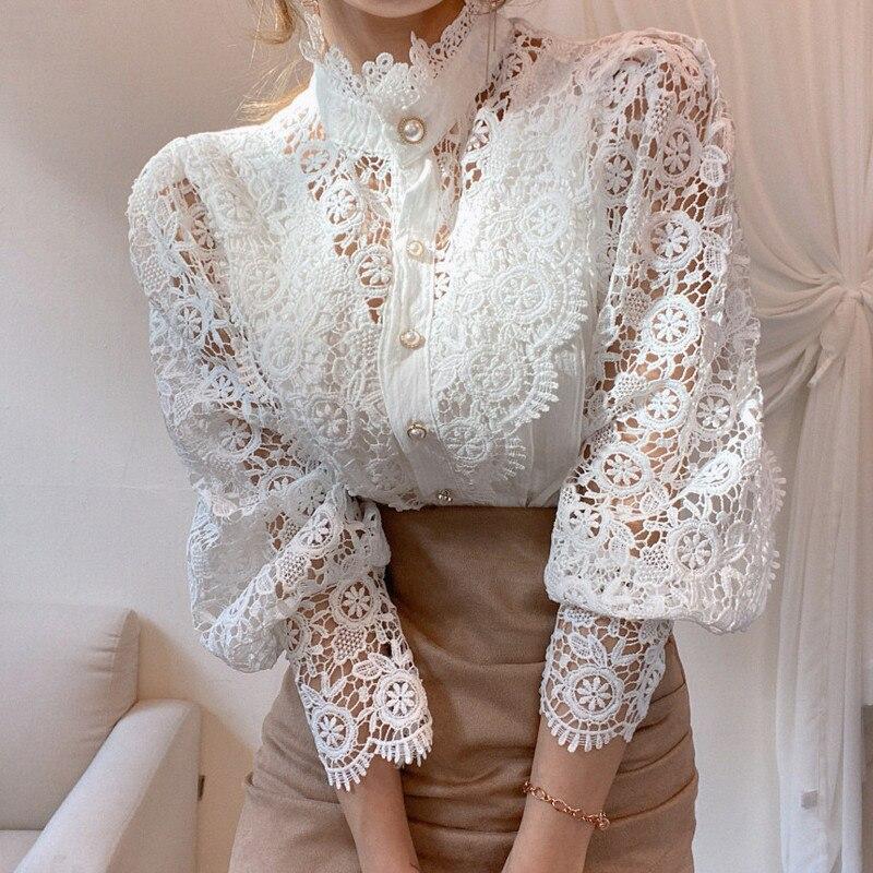 Women Lace Blouses Petal Sleeve Women Blouse Chic Button Hollow Out Flower Lace Patchwork White Shirt Top Female Clothing