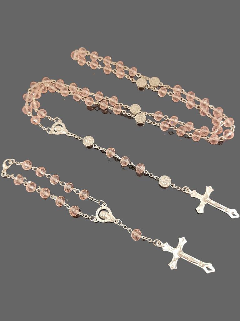 Hot selling pink crystal cross prayer bead pendant necklace and bracelets jewellry set for Christian