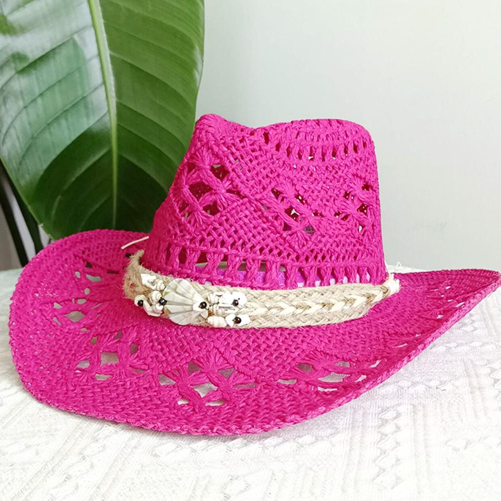 Cappello da cowboy in paglia da donna cappello da spiaggia cappello jazz con accessori da fornaio moda estate
