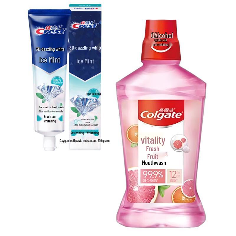 Crest 3D White Arctic Mint Toothpaste & Colgate Fruity Fresh Mouthwash Bundle