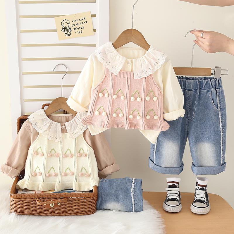 0-5-year-old girls' long sleeved 3-piece set, Girls' cherry patterned sweater vest, lapel shirt+casual pants set