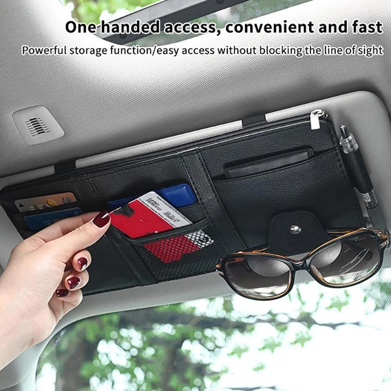 Sunshade Storage Bag Pu Leather Multi-Pocket Net Zipper Car Sun Visor Organizer Sunglasses Holder For Car Interior Accessories