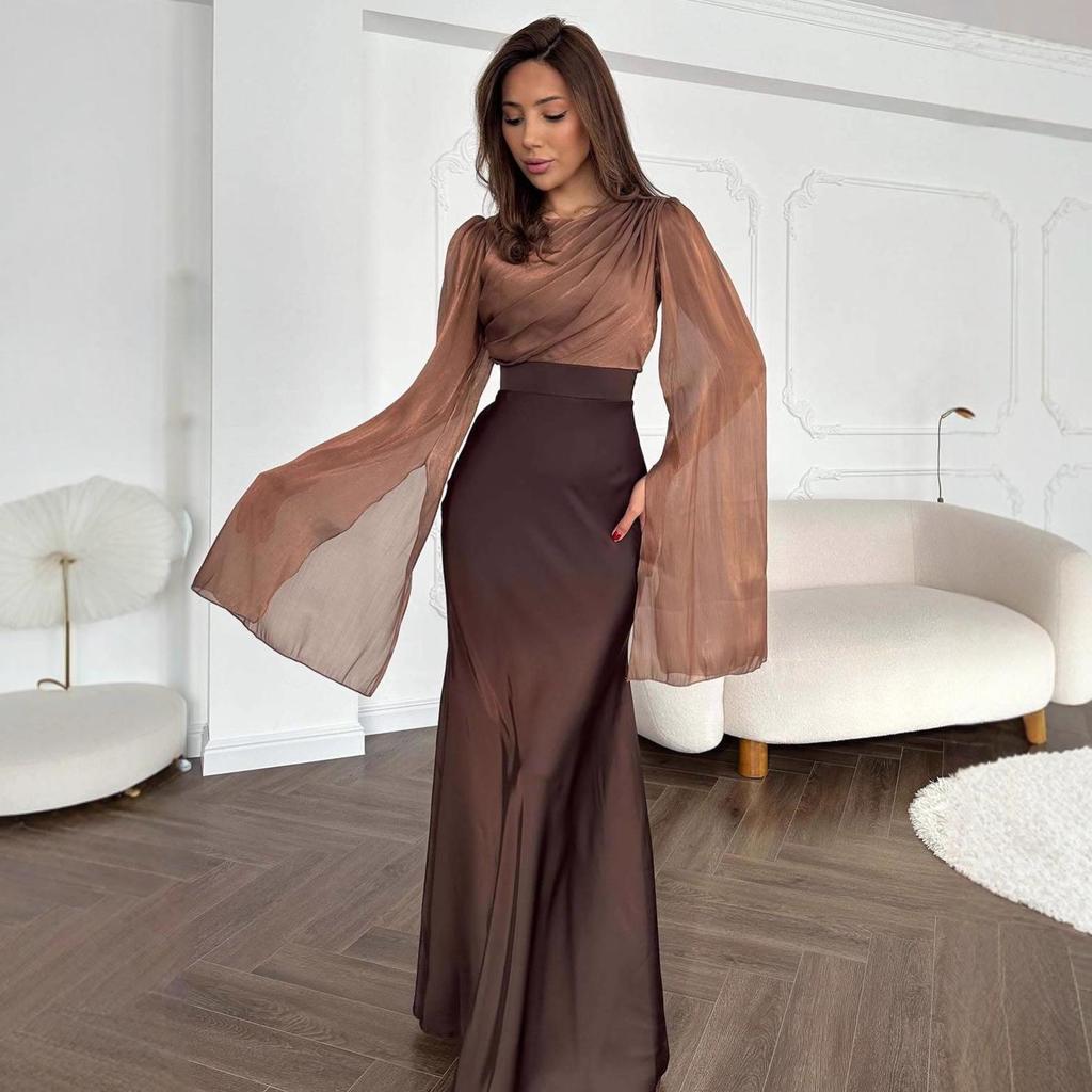 Elegant Slim Fit Satin Dress with Slit - Long Sleeve, Shiny, and Hip-Hugging for Autumn/Winter