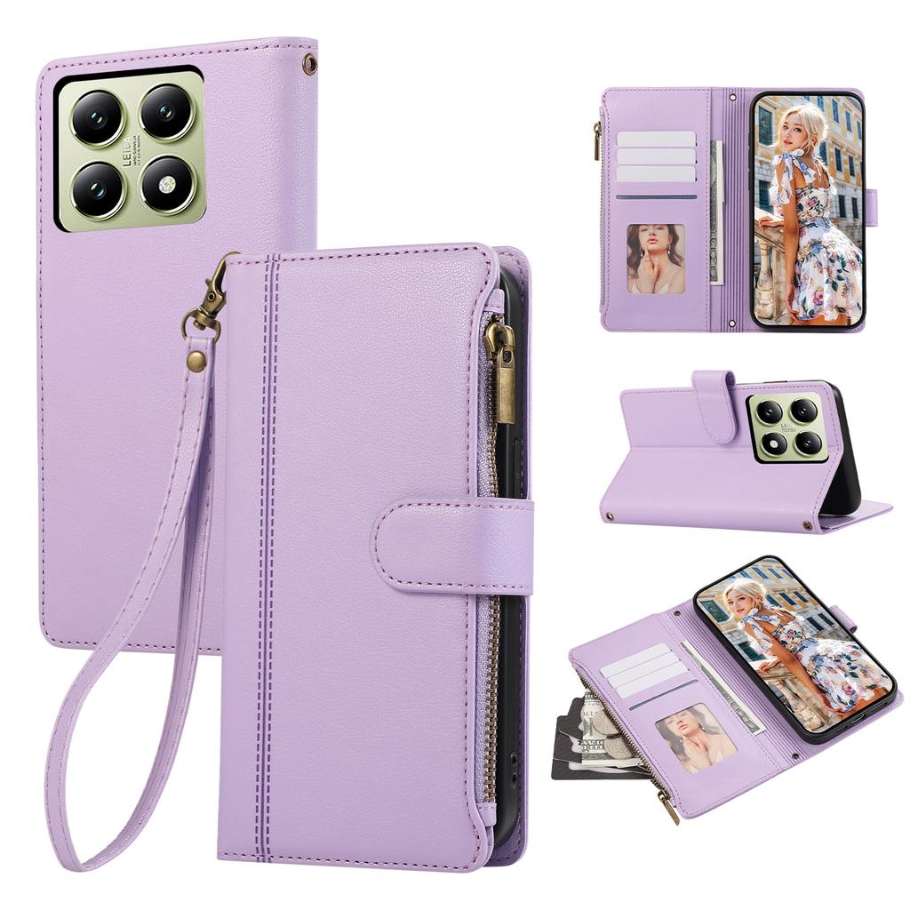 Για Xiaomi 14T Pro Θήκη Πολλαπλές Υποδοχές Καρτών Φερμουάρ Δερμάτινη Θήκη Τηλεφώνου με Λουράκι Καρπού