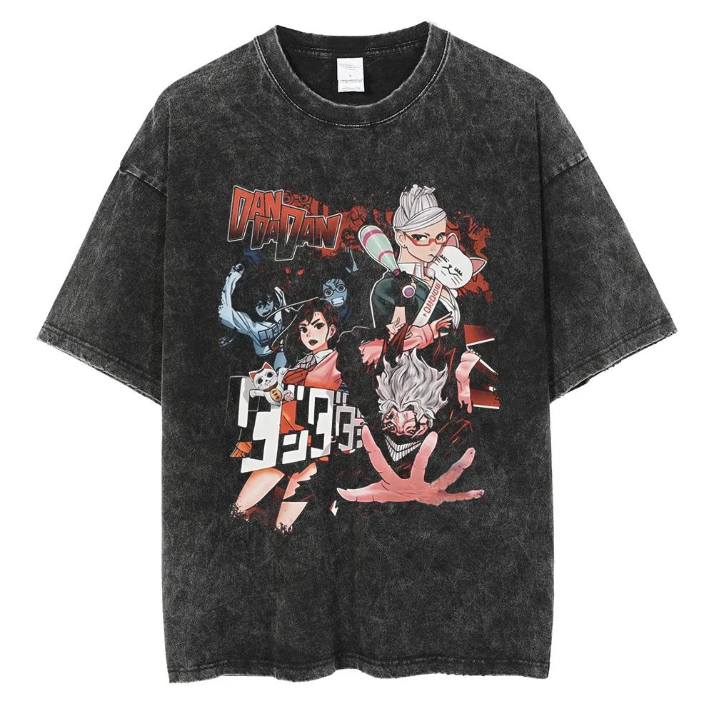 Anime Dandadan Okarun Ken Takakura Print Washed Tshirt Men Manga Vintage T-shirts Oversized Cotton T Shirt Tops