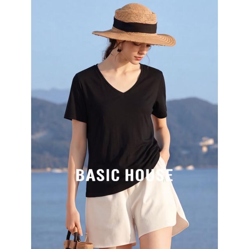 Basic House Women s Black V-Neck Linen Blend Loose T-Shirt M