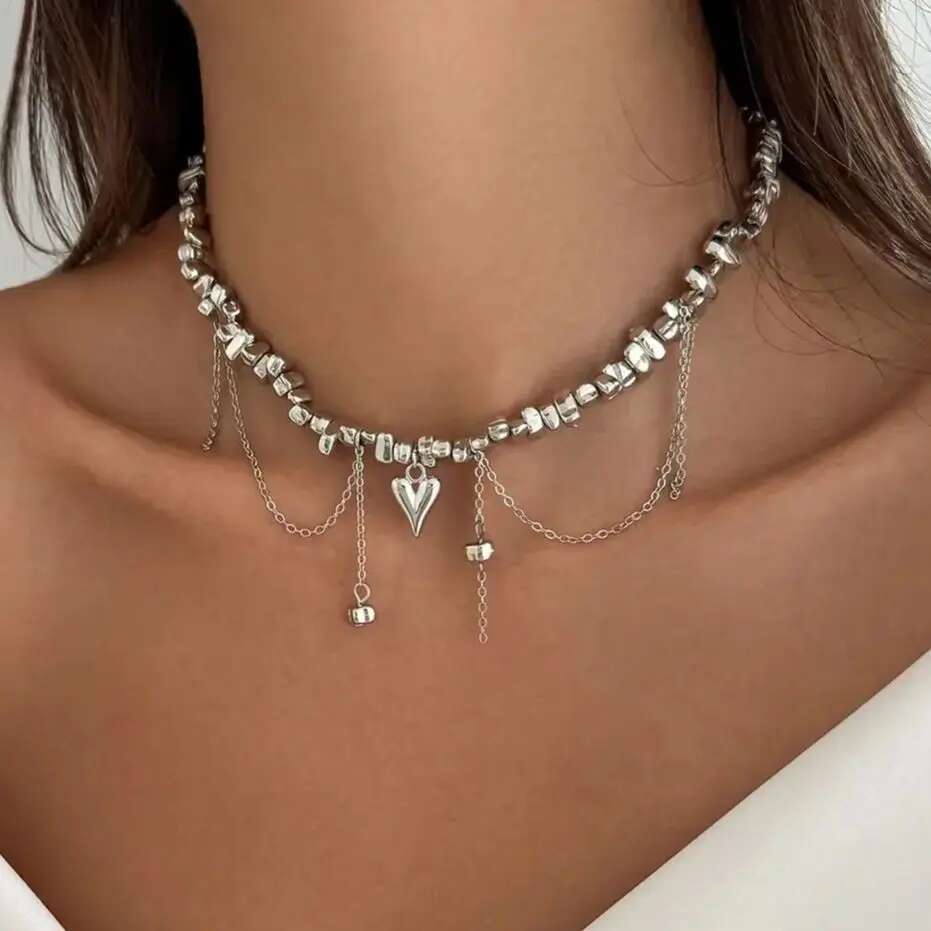 KunJoe Trendy Irregular CCB Beads Short Choker Necklace for Women Punk Love Heart Pendant Necklace Daily Jewelry Neck Accessory