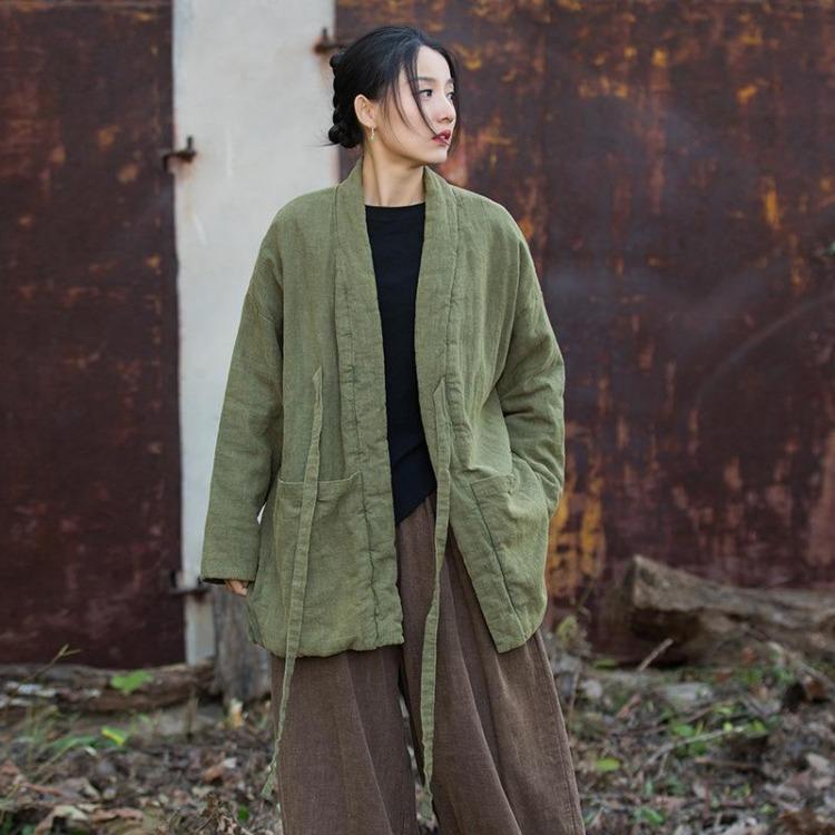 

Johnature Winter Parkas Women Vintage Bandage V Neck Long Sleeve Coats Solid Color Warm Clothes Linen Cotton Plus Size One Size зелений