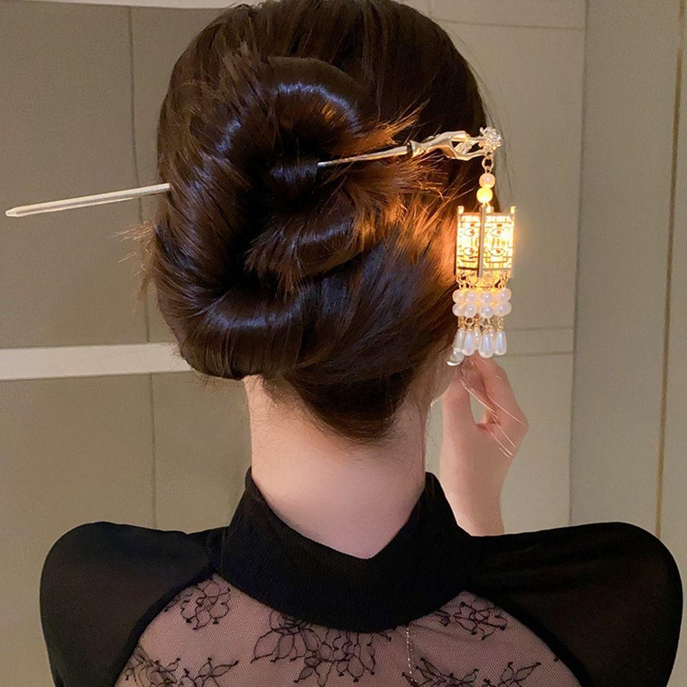 Copper Coin Lantern Tassel Hair Stick LED Light Glowing Lantern Hairpin   Hair Sticks for Long Hair