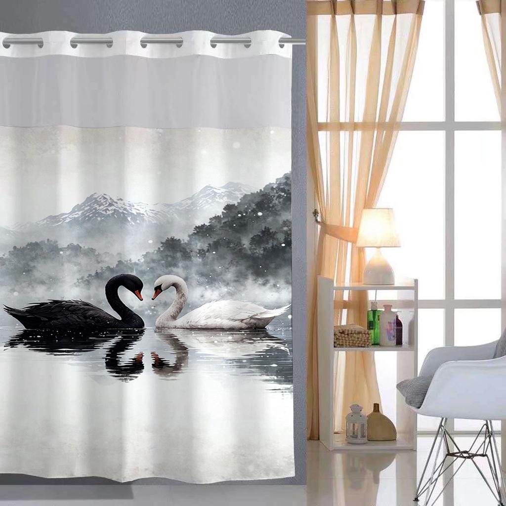 No Hook Abstract Shower Curtain with Snap In Fabric Lining, Transparent Top Window, and Waterproof Double-layer Bathtub Curtai