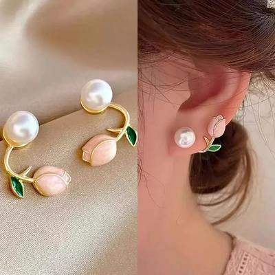 925 Sterling Silver Sladké Módní Smaltované Perlové Tulipánové Náušnice Pecky pro Ženy Korejský Temperament Zirkonové Visací Náušnice Svatba Šperky