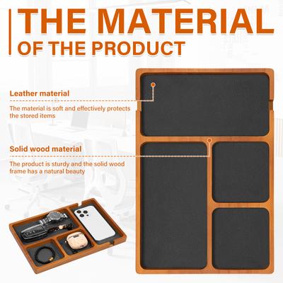 Wooden Desktop Tray Solid Wood with Leather 4 Compartment Office Storage Box for Mobile Phone Headphone Debris Organization