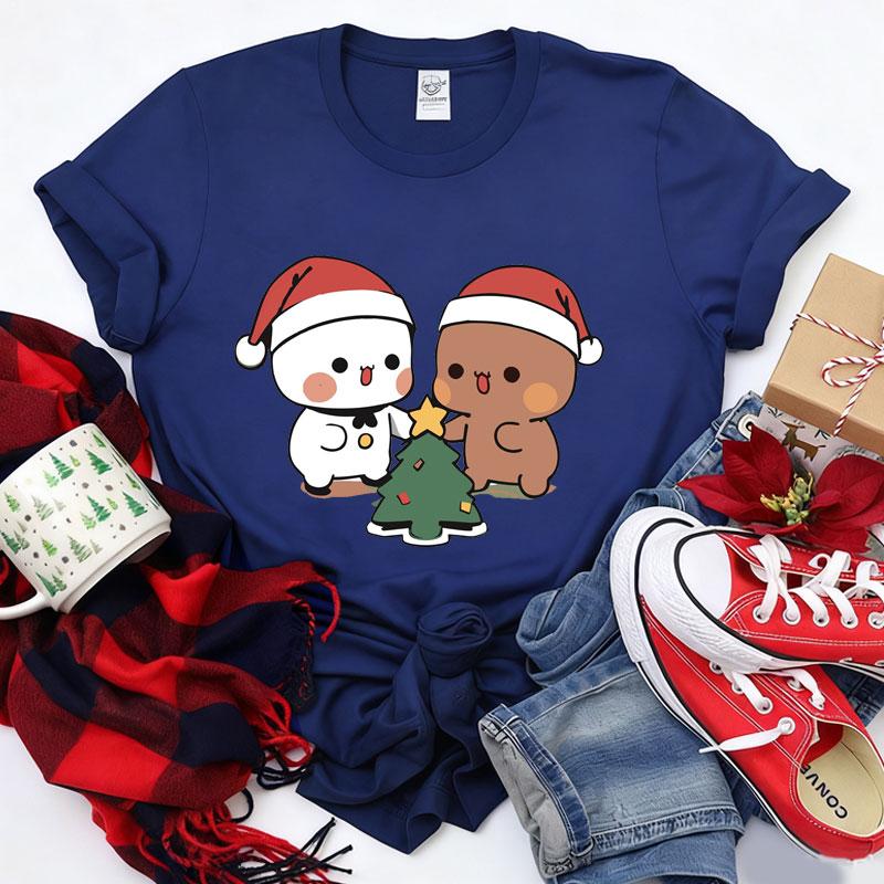 Kawaii Bubu Dudu Christmas Tree Graphics Tshirt Trendy Funny Cartoon Christmas Shirt Novelty Holiday Party Couple Cotton Tees