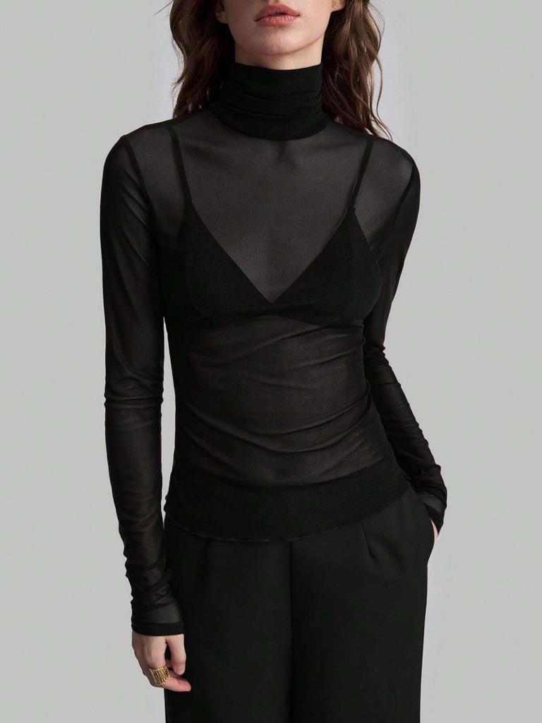 Women Solid Mesh Stand Collar Top Long Sleeve Slim Commute Wear Autumn Winter