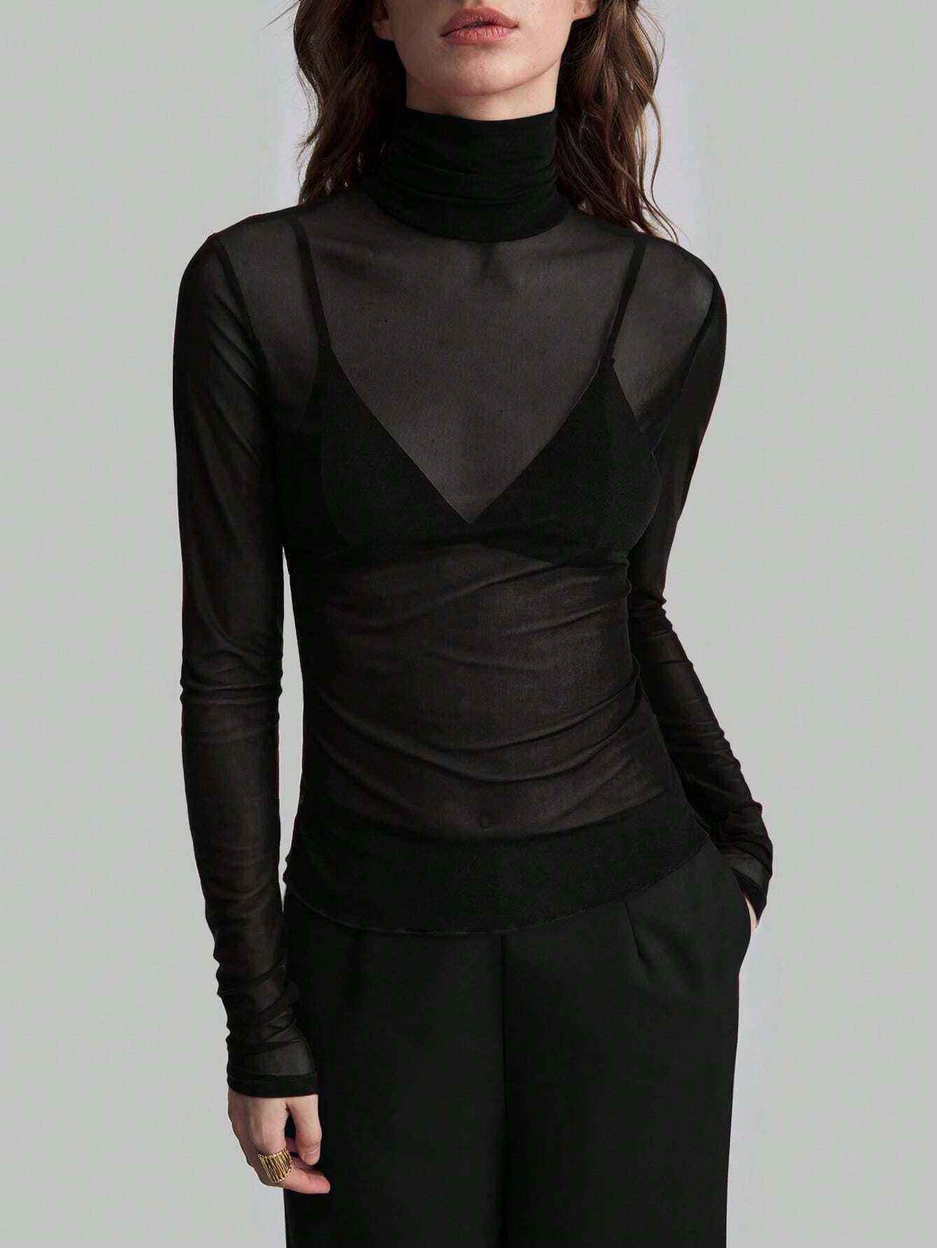

Women s Black See-Through High Neck Long Sleeve Top S чёрный