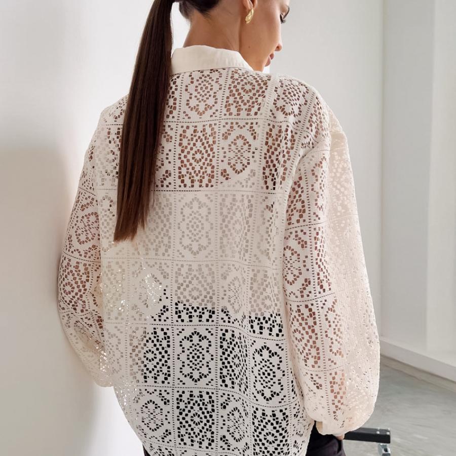 Fashionable High-End Retro Lace Hollow Shirt Versatile Commuting Long Sleeve Blouse Women's Hot Item