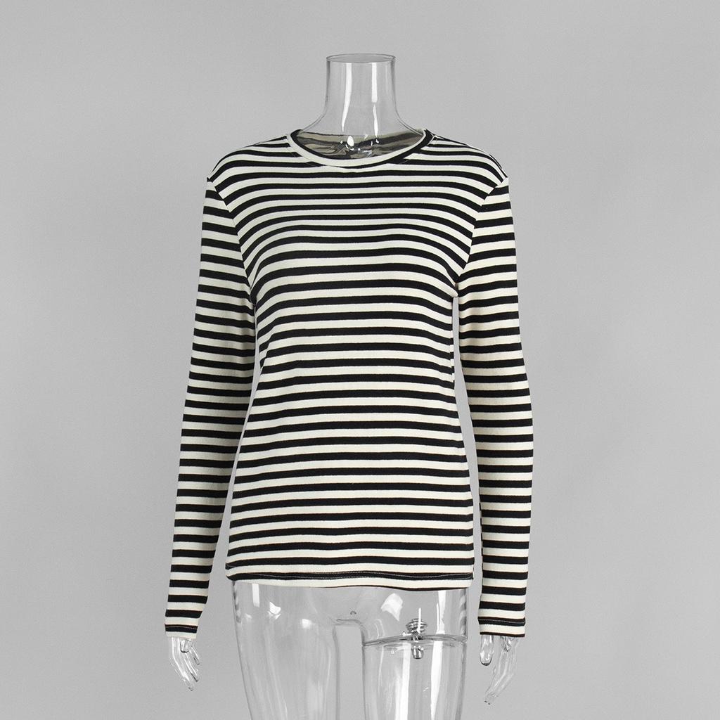 T-shirt Base da Donna a Maniche Lunghe a Righe Girocollo Slim Fit in Cotone per Autunno Inverno, Maglietta Intima Casual da Pendolare