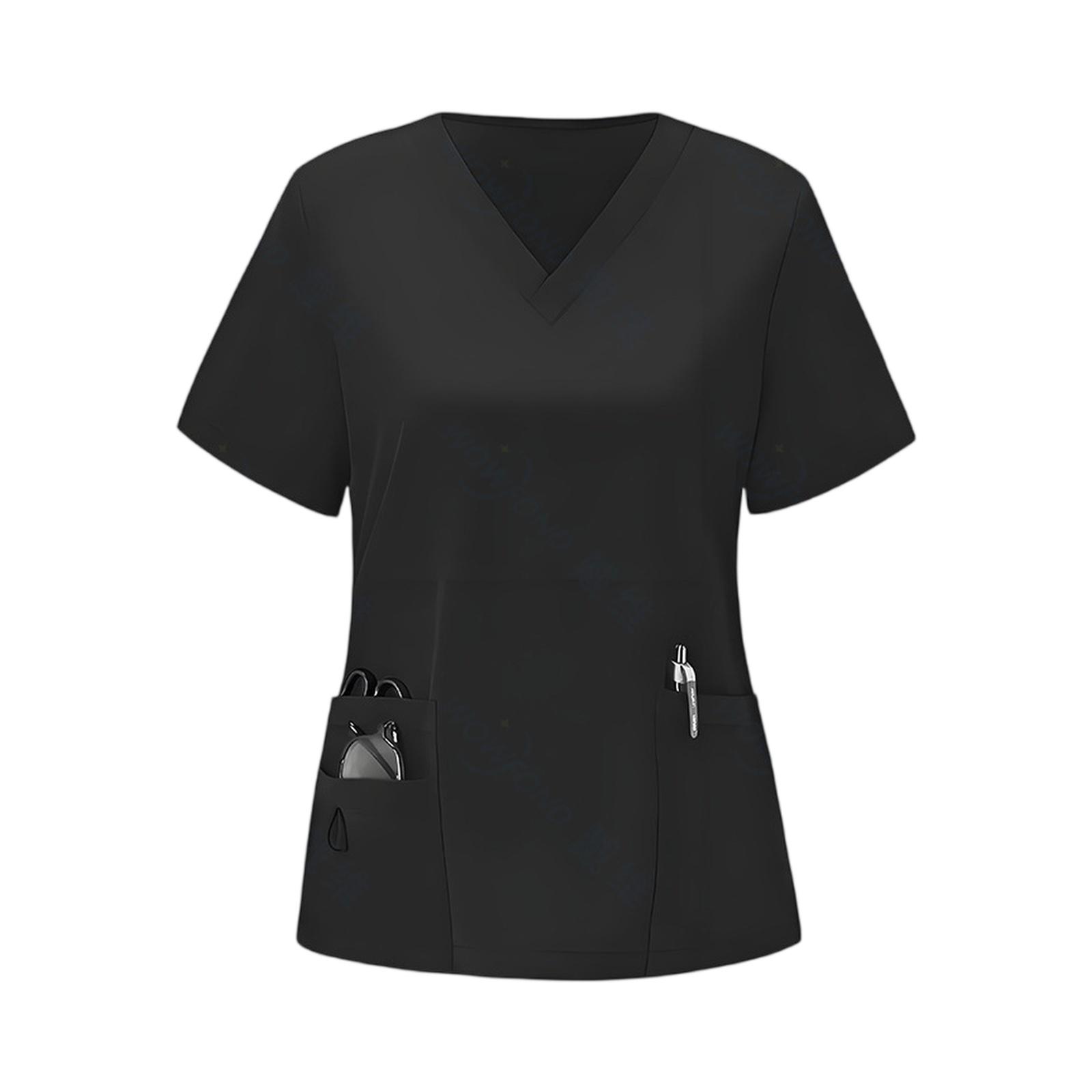 

Women s Elastic Quick-Drying V-Neck Pocket Short-Sleeve Caregiver Work Uniform L чёрный