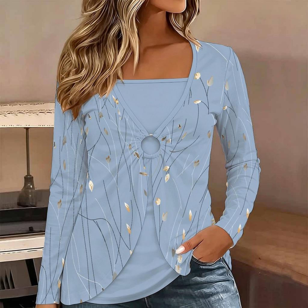 Tops for Women Floral Print Long Sleeve Fake Two‑Piece Top Fall Casual Slim Pullover Women's Long Sleeve Top