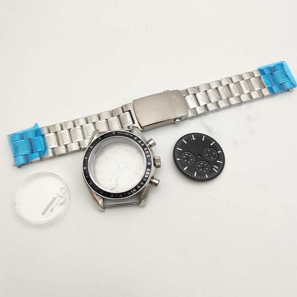 40MM assembled watch case + dial + needle matte black VK63 case, three-eye stainless steel quartz case