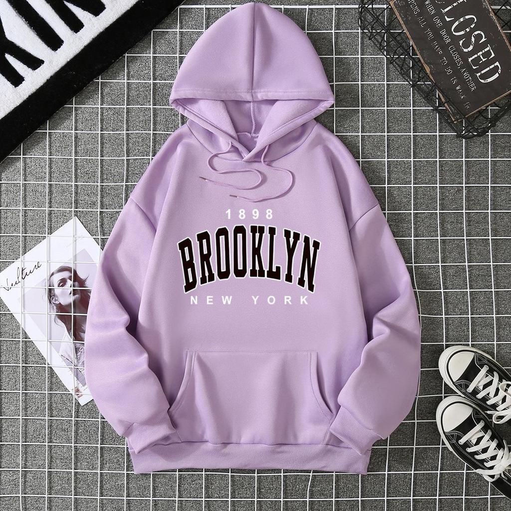 Brooklyn Print Fleece Hoodie: Autumn/Winter Loose Fit for Women & Couples