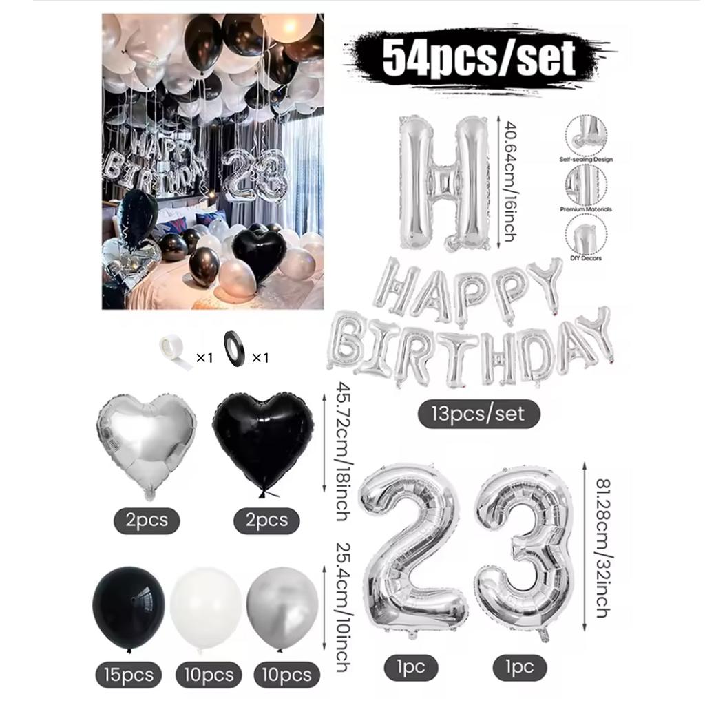 30/54pcs Black and White Balloons, Silver Banner Balloons Suitable for Birthday Decoration and Holiday Decoration