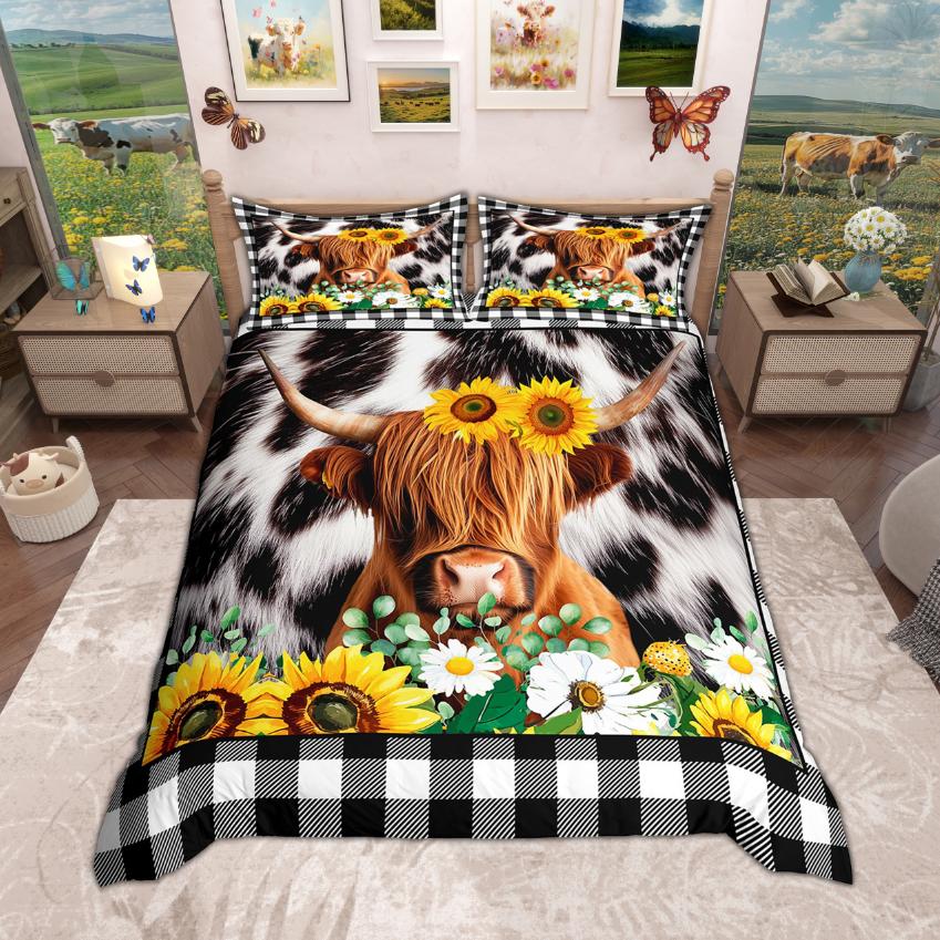 Homewish Farm Animal Duvet Cover Set 2Pcs/3Pcs Rooster Horse Highland Cow Bedding Rustic Farmhouse Quilt Cover Set