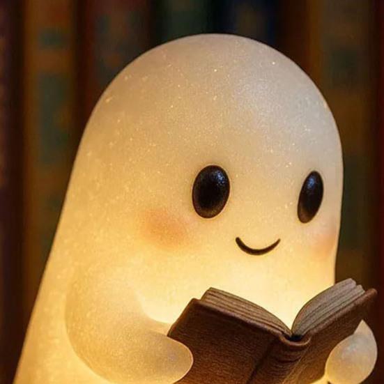 Cute Ghost Reading Lamp LED Sitting Ghost Reading A Book Night Light for Halloween Bathroom Bedside Decor