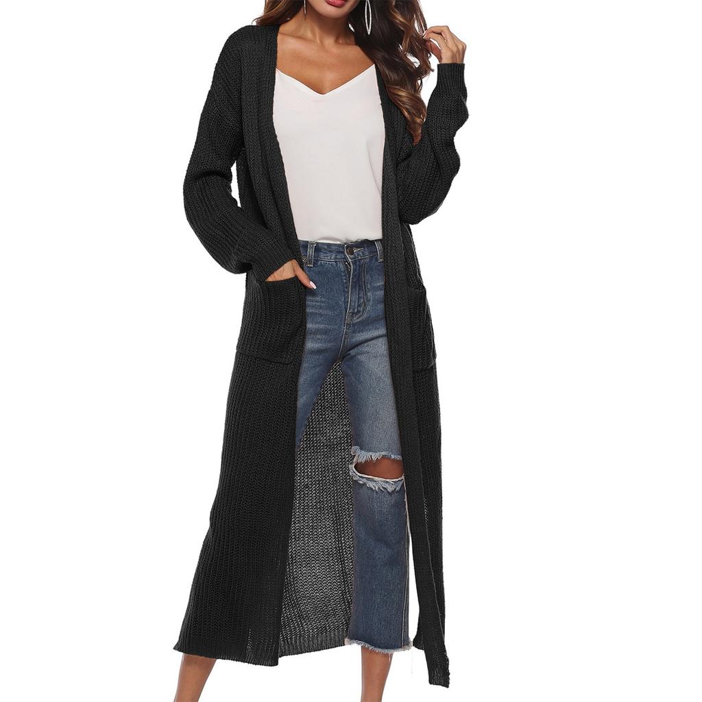 Modische, lässige, lange, knopflose, einfarbige Pullover-Cardigan-Jacke für Damen