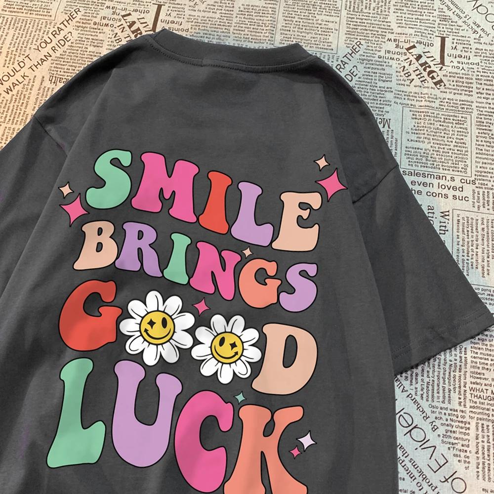 Smile Brings Good Luck Men Women Tshirt Pattern Cotton Tshirts O-Neck Breathable T-Shirt Simplicity Tee Clothes Couple Tops