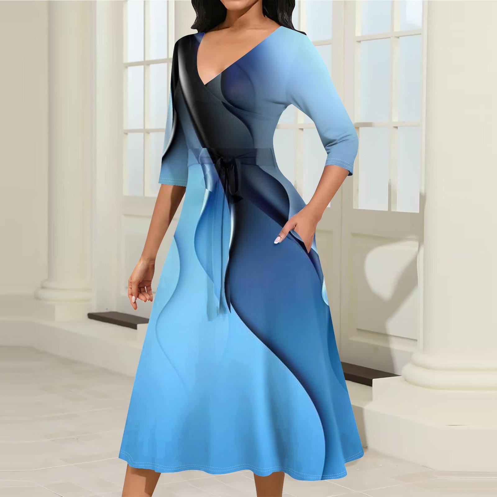 Женское повседневное модное платье миди с V-образным вырезом и рукавом три четверти — фото 7