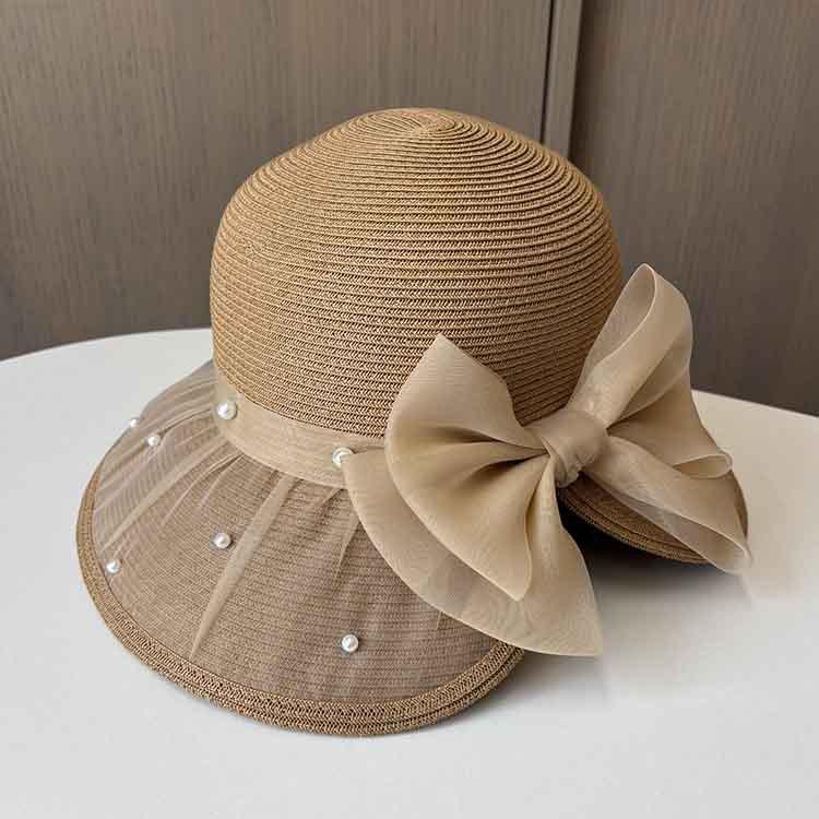 Lace Bead Split Bow Straw Hat Women's Summer Elegant Basin Hat Big Along Beach Sun Hat