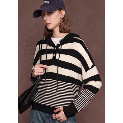 Damen Lässiger Gestrickter Kapuzenpullover mit Streifen