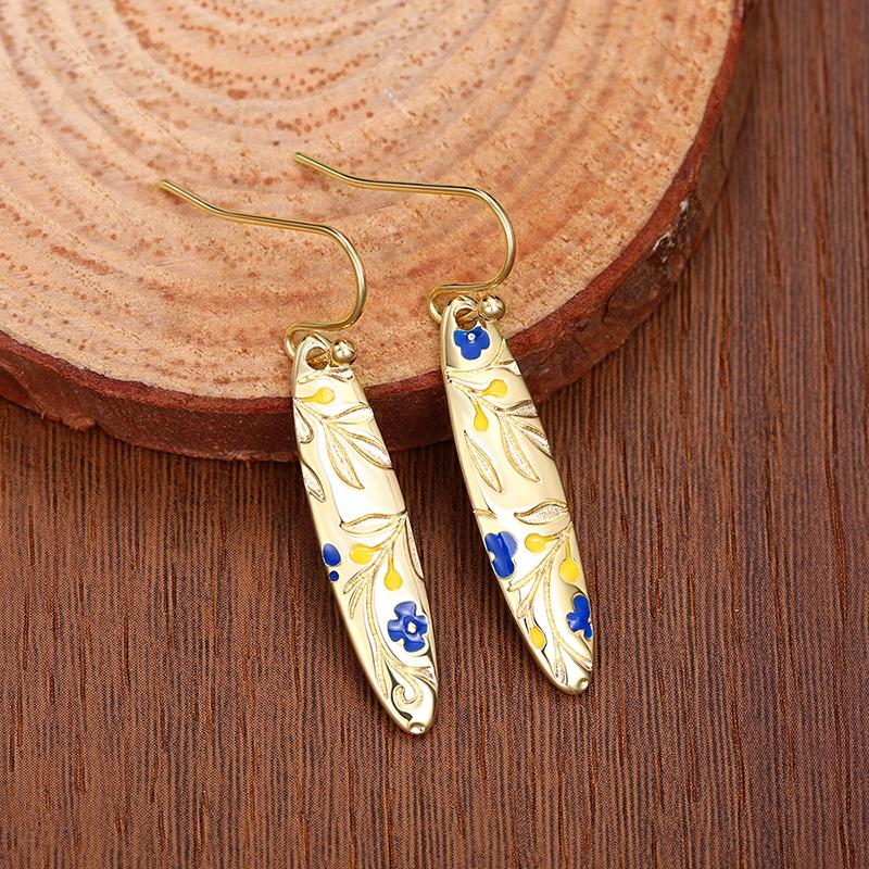 Huitan Blue Flower Yellow Leaf Carved Earrings for Women Handmade Unique Female Ear Accessories Dance Party Statement Jewelry