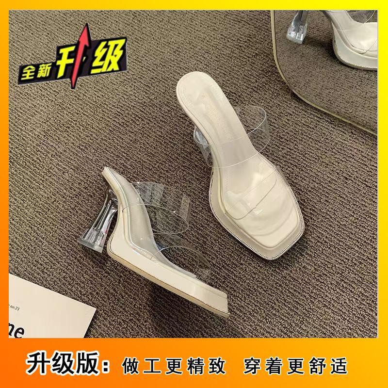 2025 Summer New Popular Transparent Crystal Heel Waterproof Table Thick Heel High Heel Cool Slippers Wear Fairy Style Women's Shoes