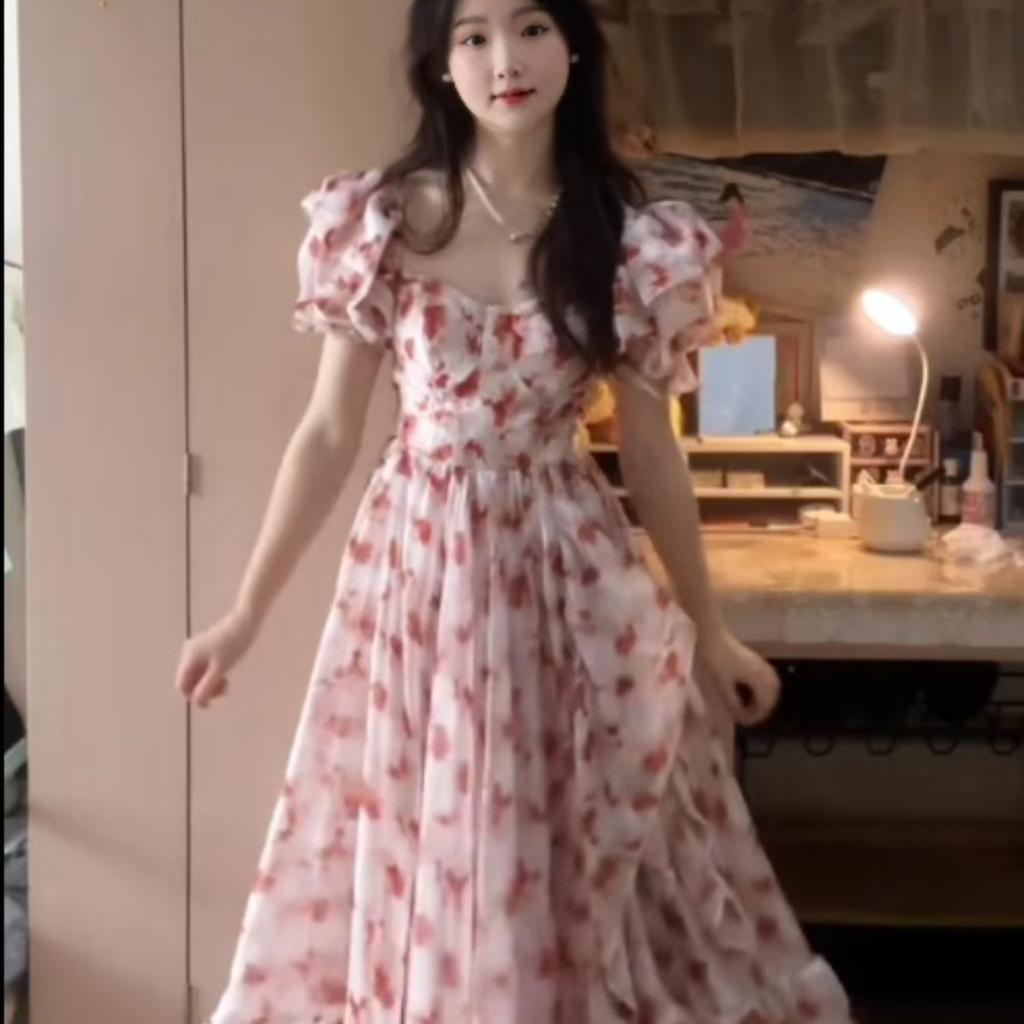 LC French sweet floral off-the-shoulder square collar dress for women's summer new gentle temperament medium and long