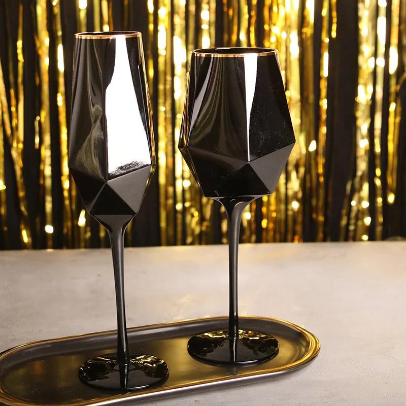 Pure Black Crystal Red Wine Glass with Golden Edge Luxury Simple Goblet For Special Room Champagne Glasses Kitchen Utensils