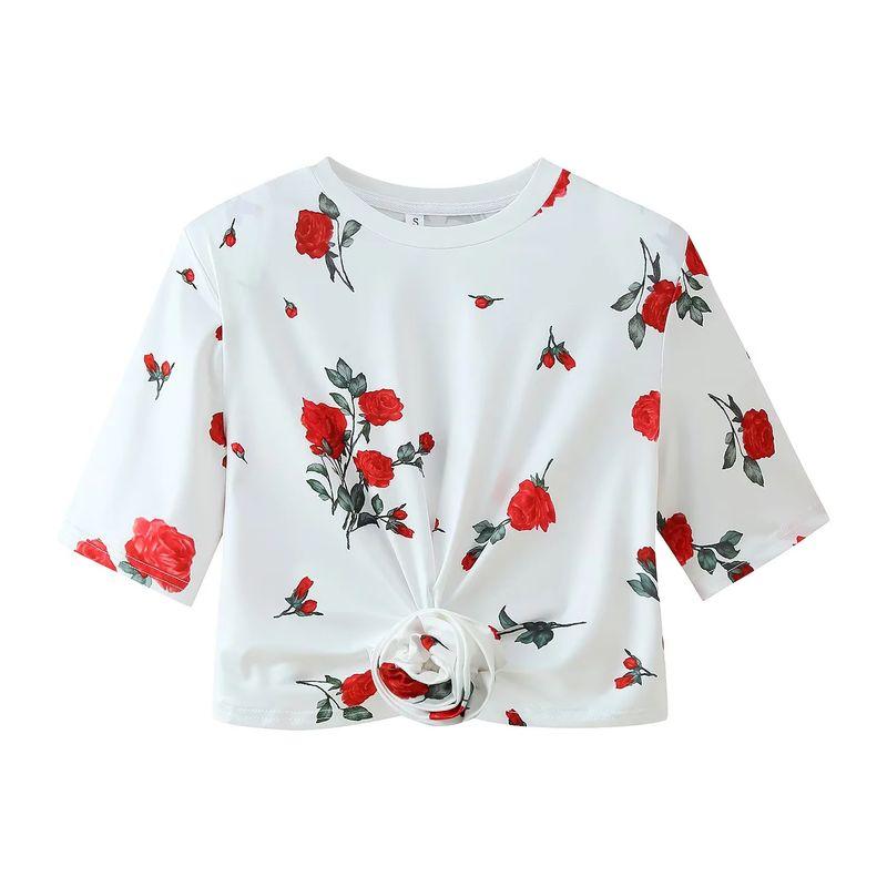 

Summer New Product Women s Clothes Commute Style Slim round Neck Short Sleeve Flower Printing Decoration Padded Shoulder Short T-shirt Tops White L