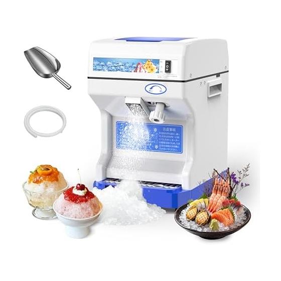 Shaved ice machine, electric, for commercial use, white blue accent, ice crusher, ice crusher, crushed ice maker, ice cubes, round ice, crescent ice,