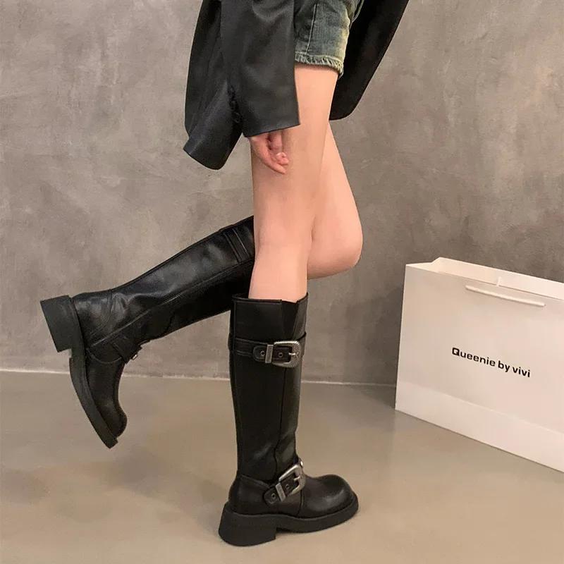 Vintage Women Knight Long Boots Fashion Elegant Belt Buckle Shoes Square Heel Women's Western Cowgirl Booties