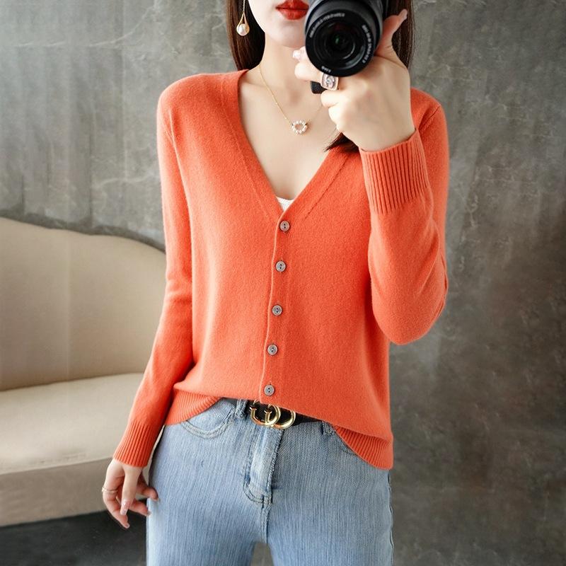 Autumn Winter Casual Fashion Solid Color V-neck Cardigan Coat Women All-match Bottomed Knitting Top