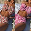 Conjunto de Roupa de Banho Tankini Feminino com Estampa Floral, Ruched Ruffle Bandeau Bikini, Moda Maiô de Duas Peças