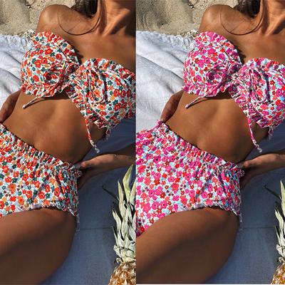 Damen Floral Print Tankini Badeanzug Raffung Rüsche Bandeau Bikini Badebekleidung Set Mode Zweiteiliger Badeanzug