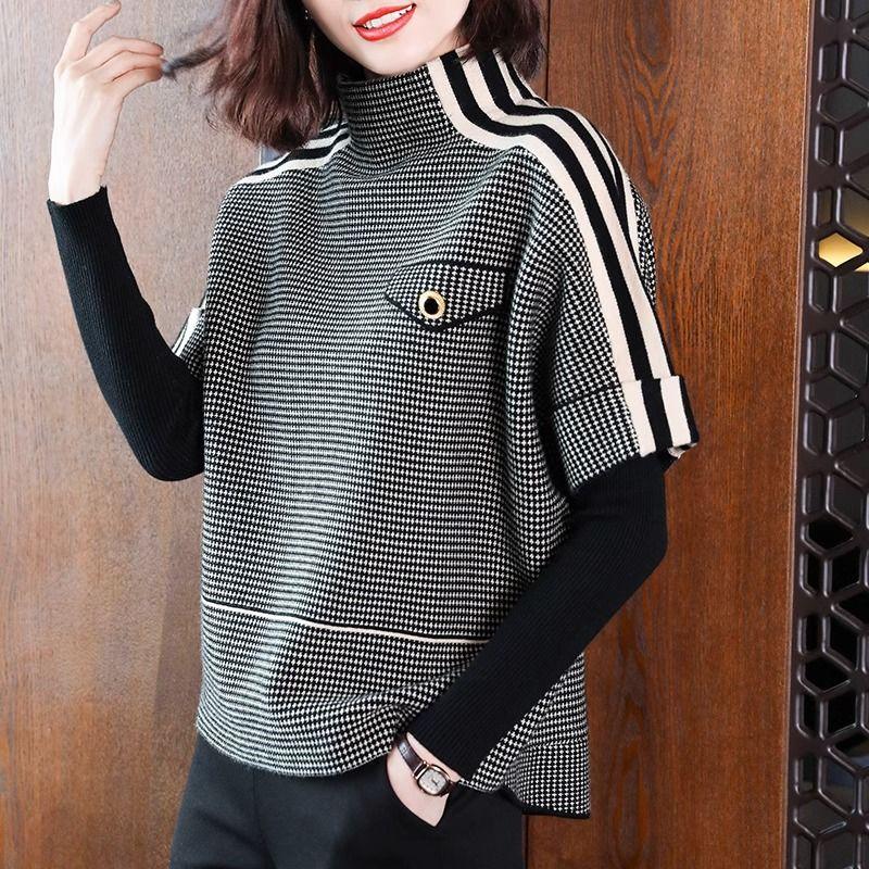 Giacca Corta in Maglia Casual da Donna Autunno Plaid Versatile Top Sovrapponibile Capispalla Finto Due Pezzi