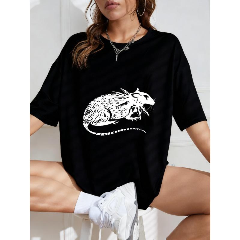 Oversized T Shirt White Rat Print And Text Casual Wear For Women